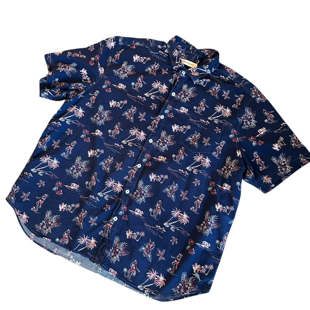 Tommy Bahama Shirt Men's‎ XXXL Blue Hawaiian Hula Girl Palm Tree Short Sleeve